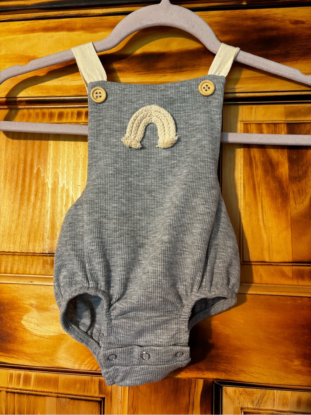 Grey Knit Baby Romper with Cream Rainbow Accent